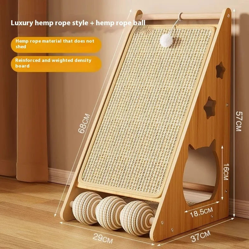 Vertical wall-sticking cat scratch board with sisal hemp rope and cat teasing ball style on a white wall