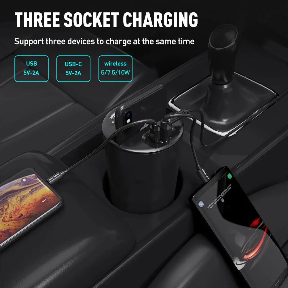 X9 car wireless charging cup in black with LED indicator and QI charging pad