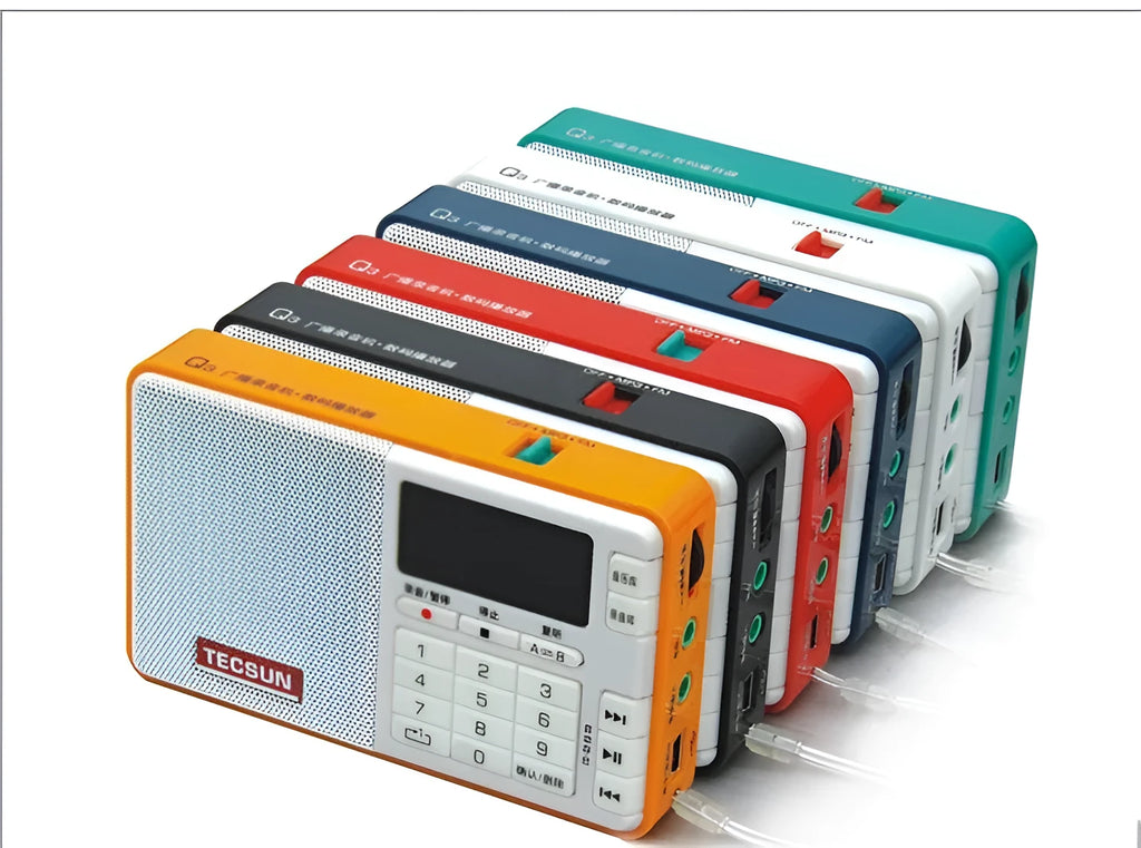 Tecsun Q3 digital audio player in black, showing front with speaker grille and buttons.