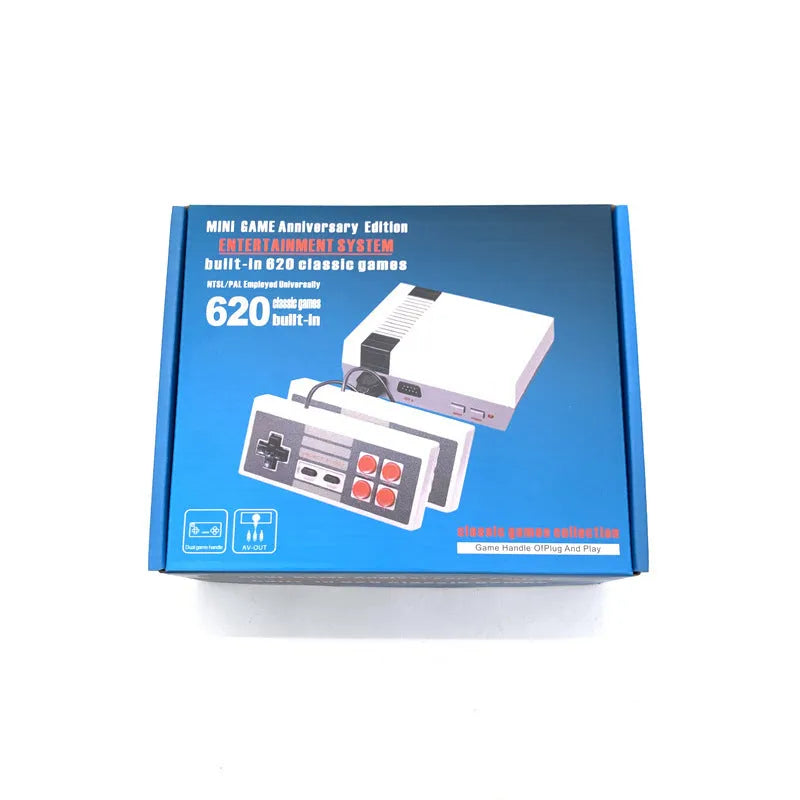 Compact black NES mini retro game console with two rectangular controllers on a white background