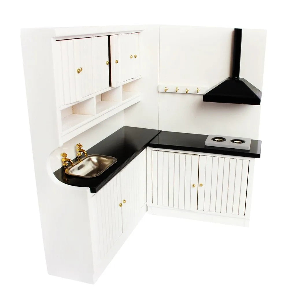 White birch wood dollhouse kitchen cabinet set with sink and stove cabinets and working doors