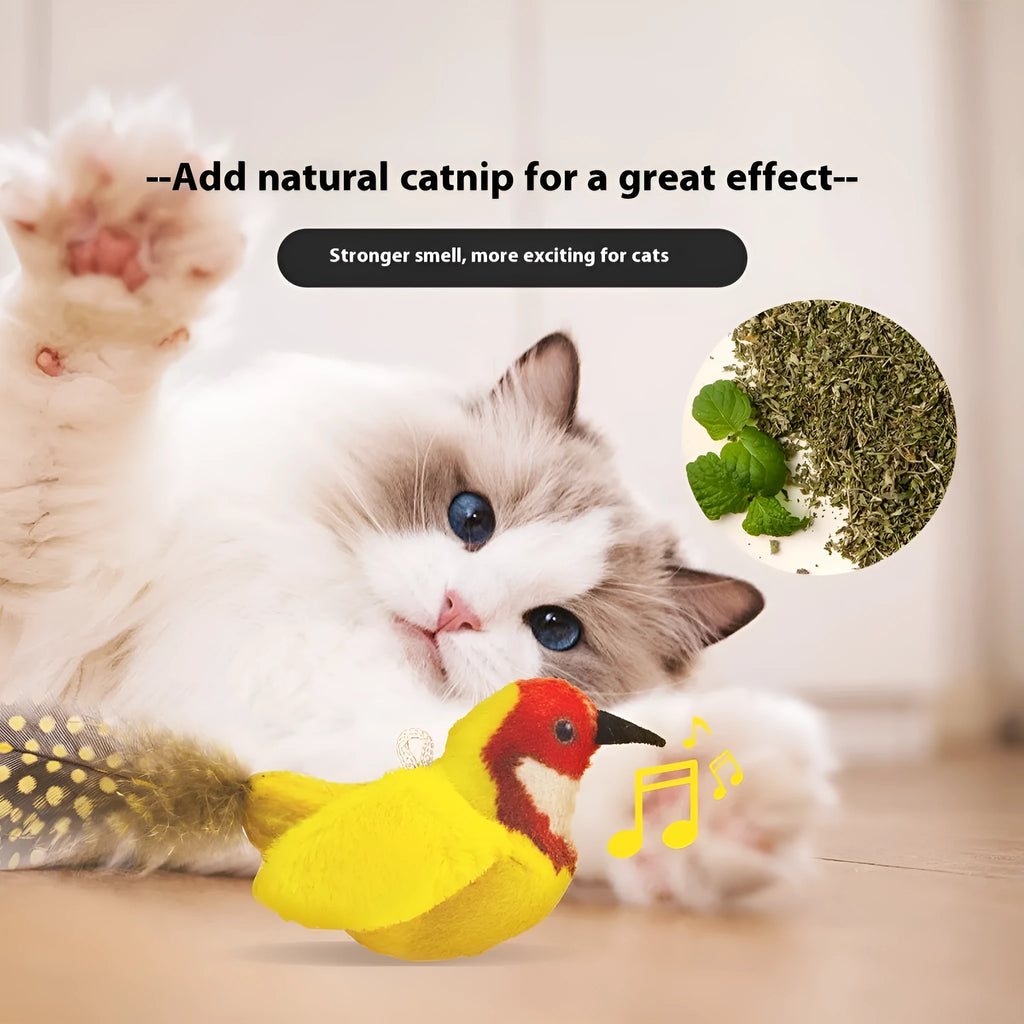 Plush bird simulation cat toy in colourful bird design for interactive pet play