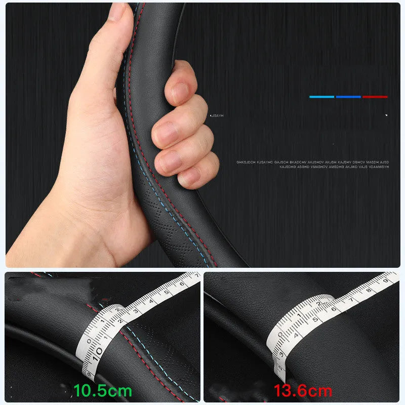 Black two-colour line Napa leather texture steering wheel cover for Suzuki cars, 38cm diameter.