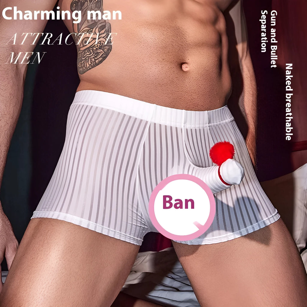 Men's striped nylon boxer briefs in free size shown in black, white and dark grey colours