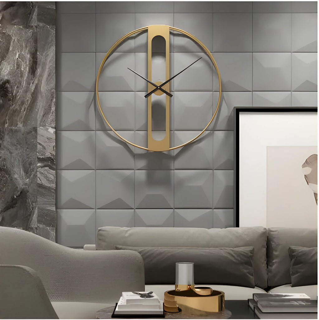 Round metal wall clock with 50 cm diameter in black or gold finish on a plain wall