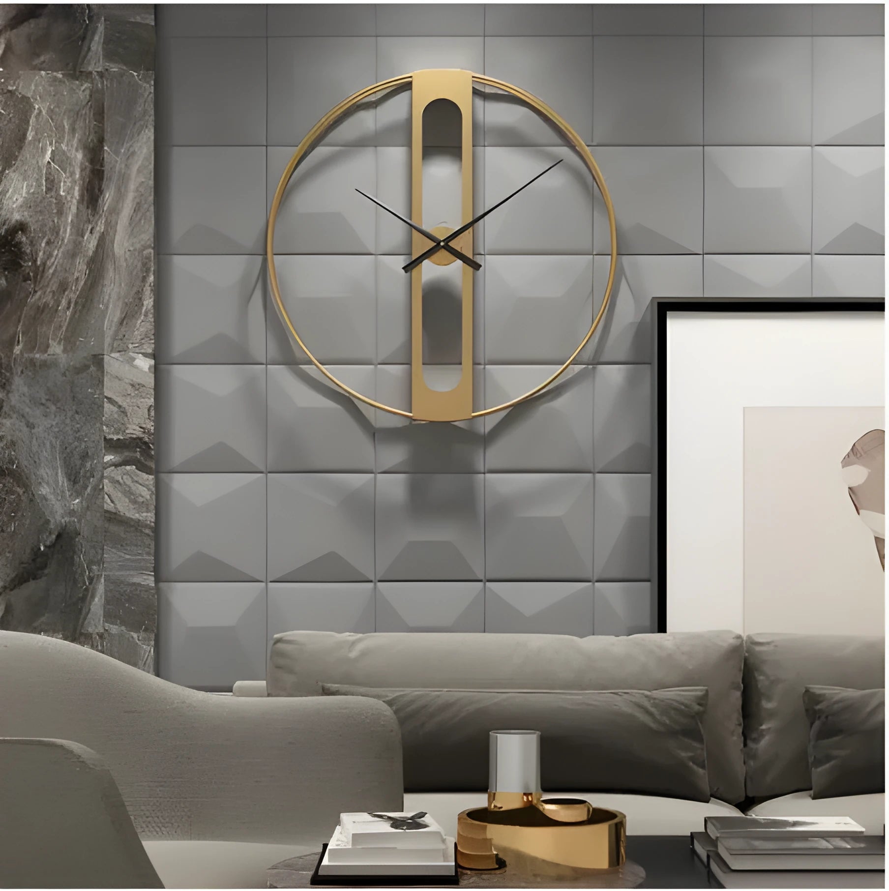 Round metal wall clock with 50 cm diameter in black or gold finish on a plain wall
