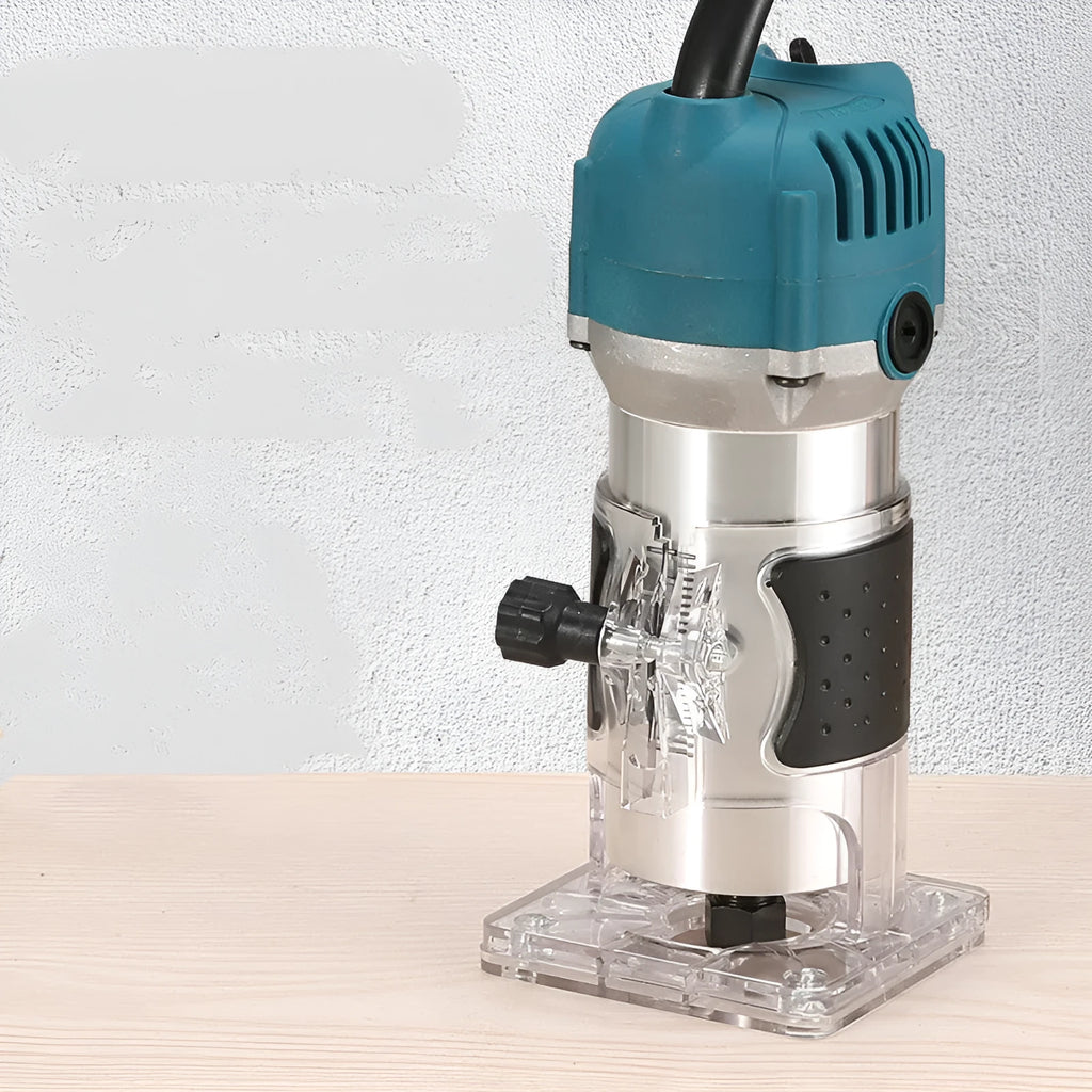Electric wood polishing trimmer 800W with aluminium casing, 2cm processing depth, on workbench