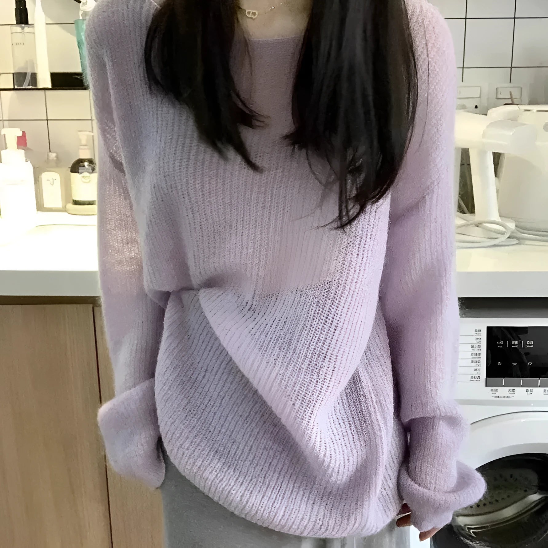 Purple women's ice silk blouse with hollow out pattern and princess sleeves