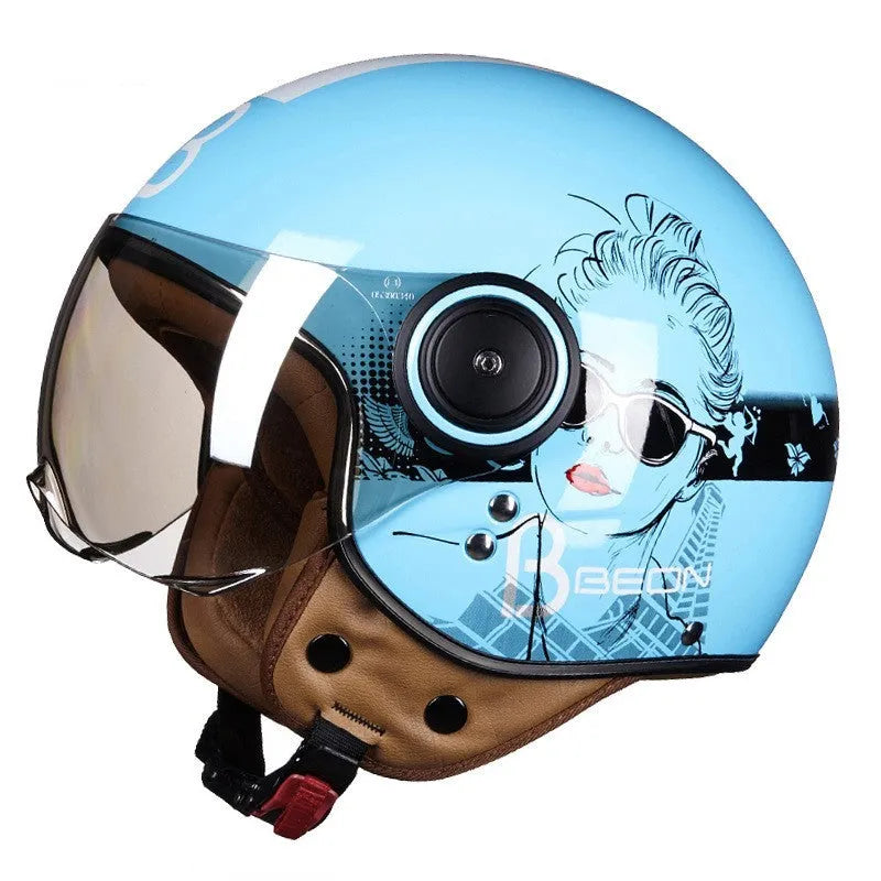 Battery car half helmet in Bright White Red Blue colour, lightweight semi-covered ABS construction, size M to XL
