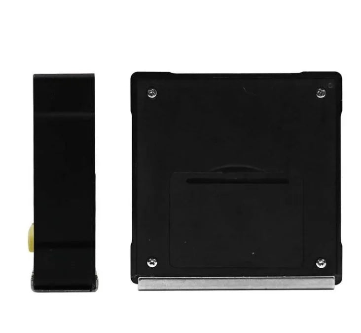 Mini magnetic angle inclinometer with digital display and magnetic base on metal surface