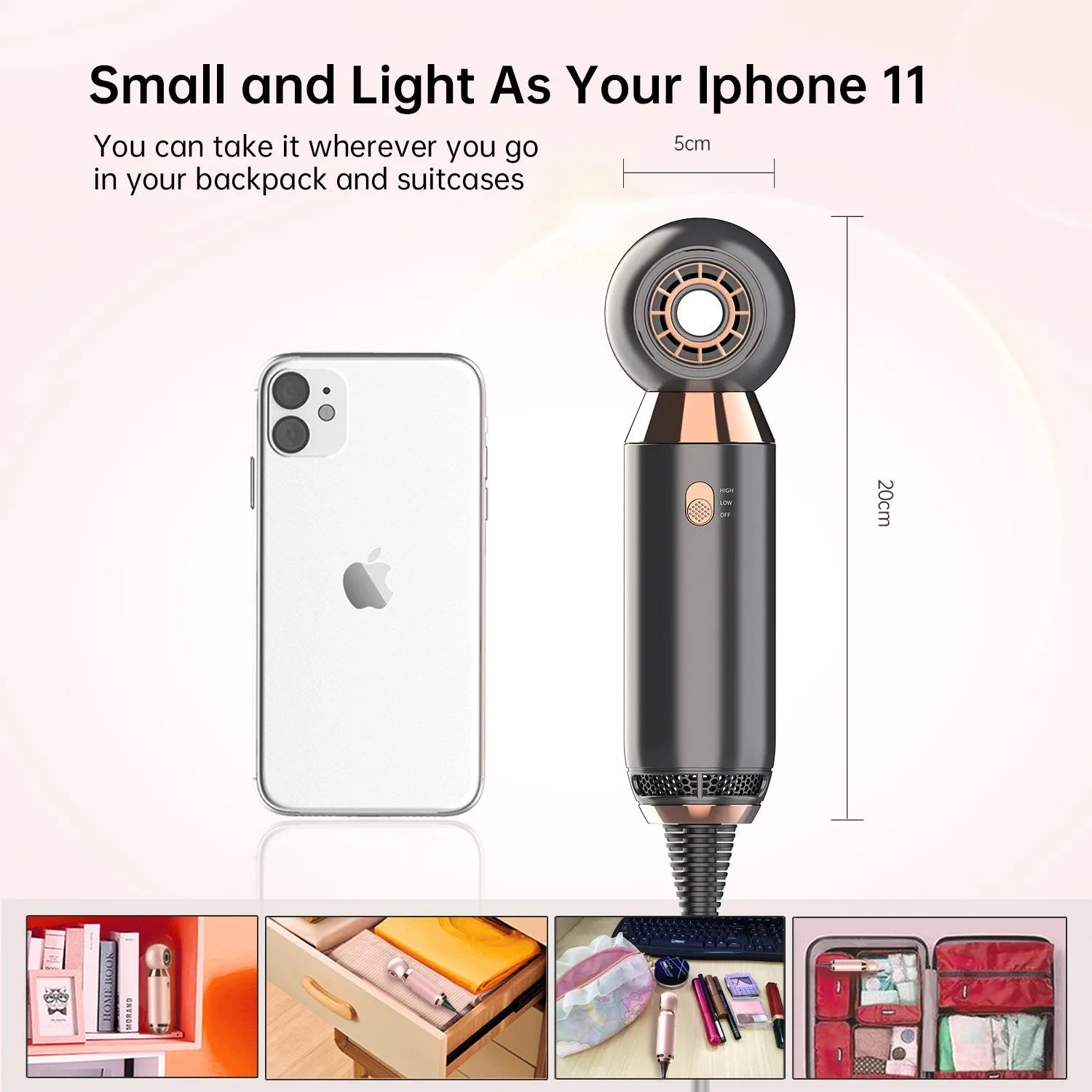 Leafless 800w portable hair dryer with hair diffuser accessory on a white background.