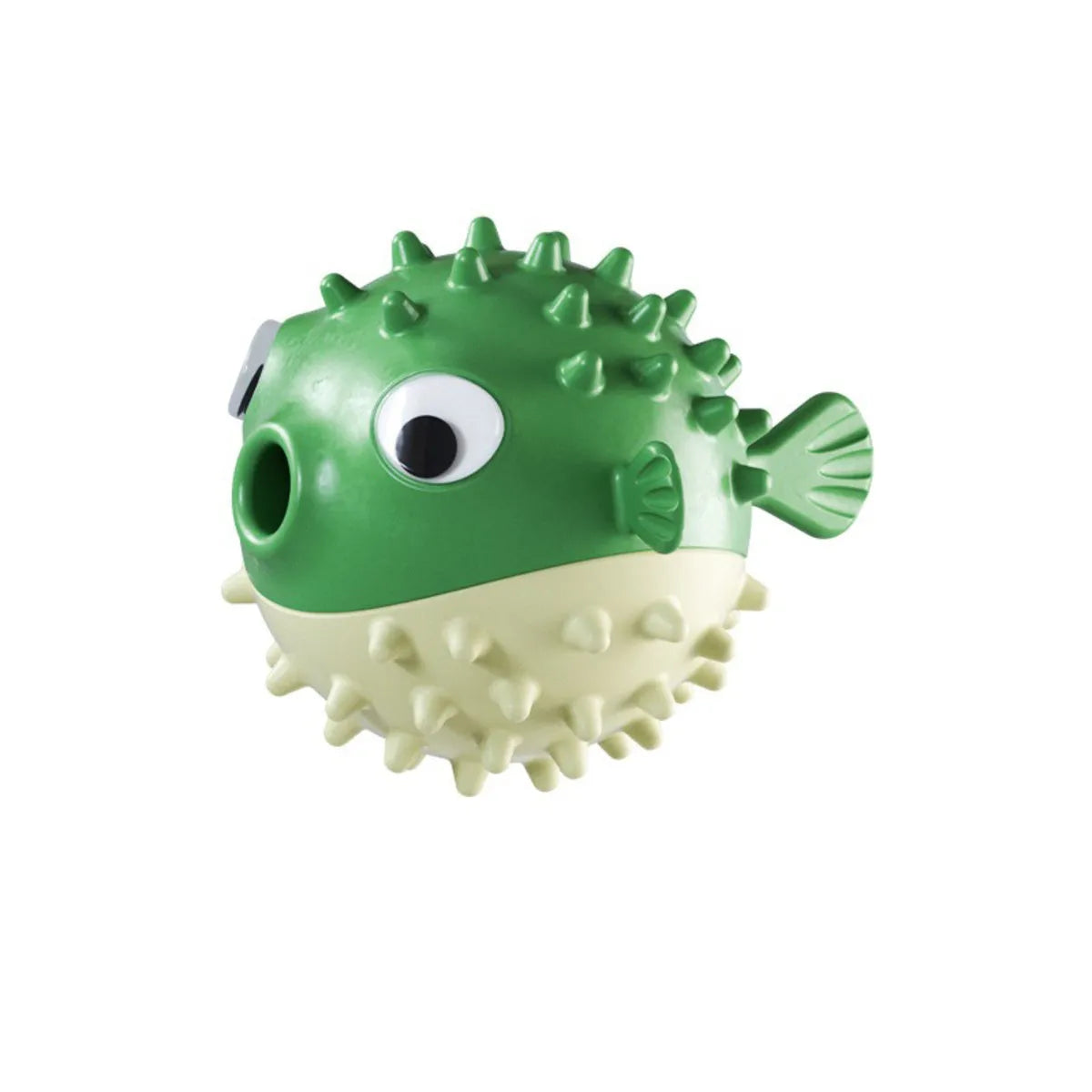 Yellow fish-shaped vinyl dog chew toy with textured surface and squeaker.