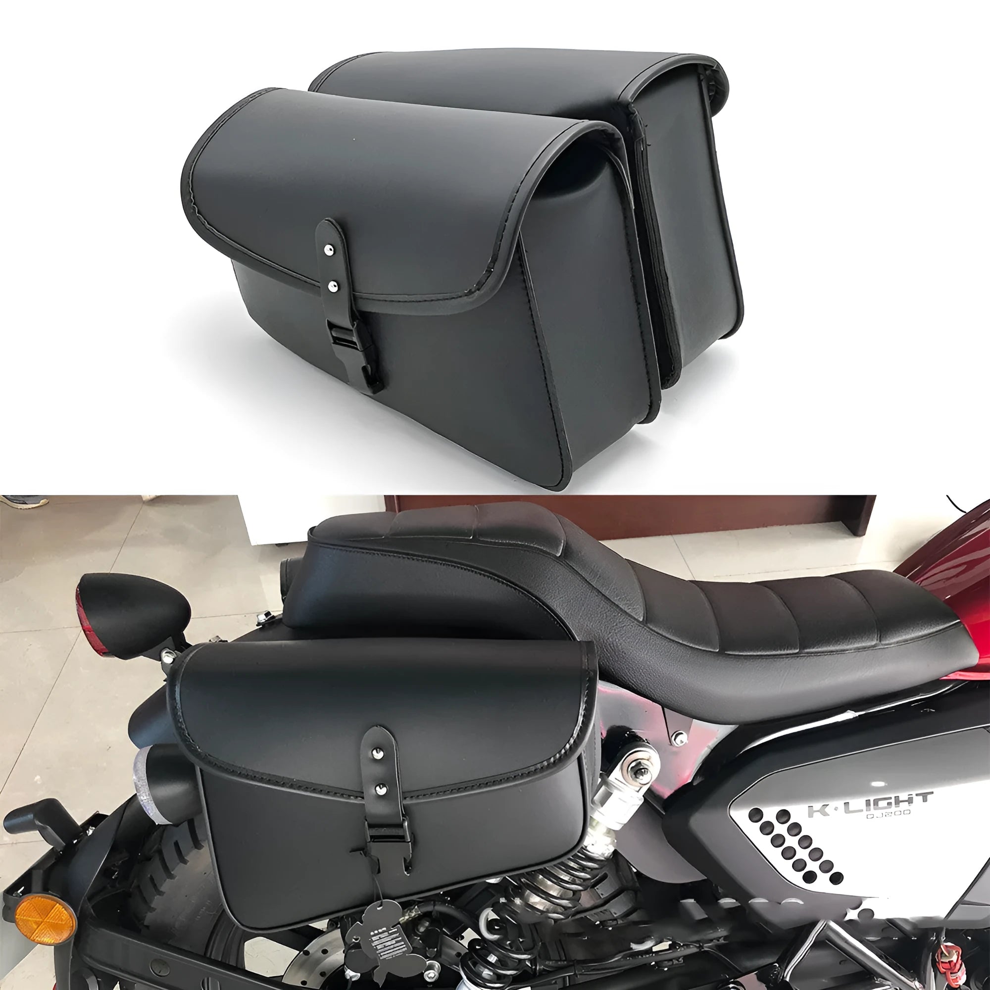 Black PU leather motorcycle swingarm saddlebag for Harley Sportster mounted on bike