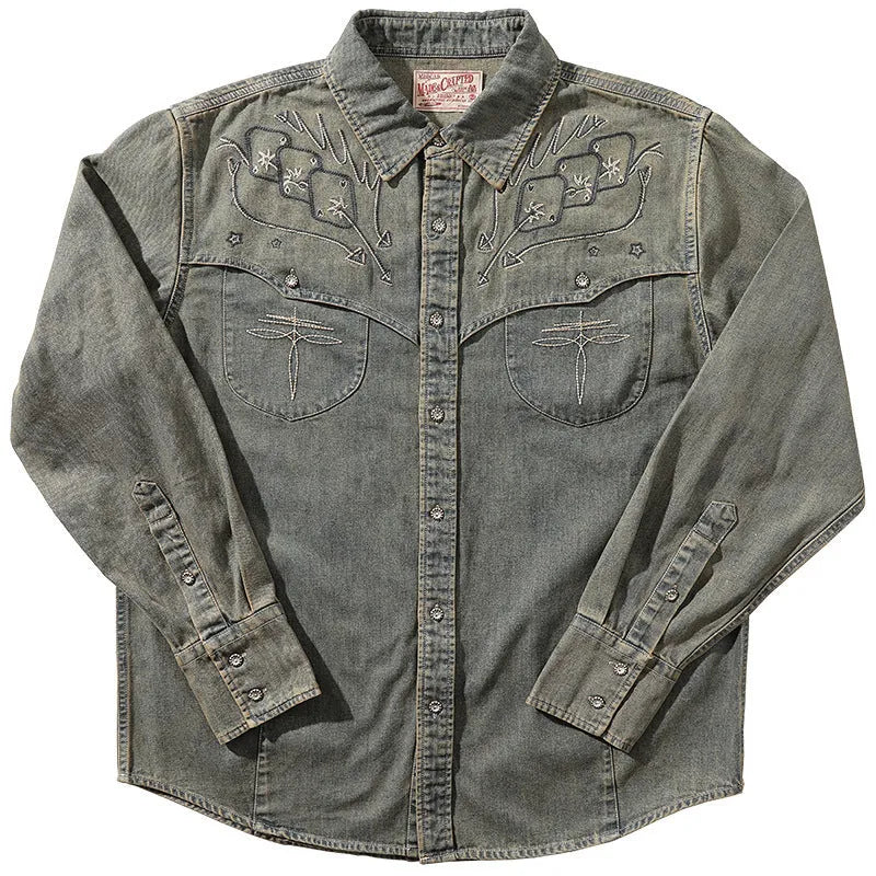 Aqua Blue embroidered washed denim American retro long sleeve cardigan shirt with geometric pattern