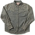 Aqua Blue embroidered washed denim American retro long sleeve cardigan shirt with geometric pattern