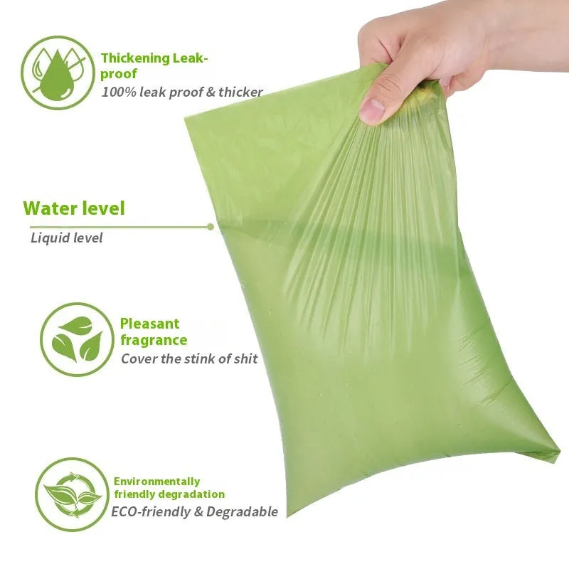 Rolls of green and black EPI degradable thickening pet waste bags with a portable dispenser