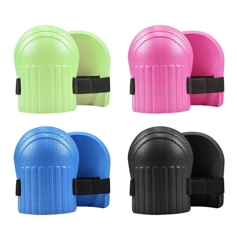 EVA foam kneepad pair showing approximately 11mm thickness, available in black, blue, green, or pink colours
