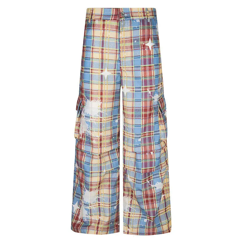 Men's retro plaid loose straight casual pants in blue colour, polyester fabric, mid-waist design