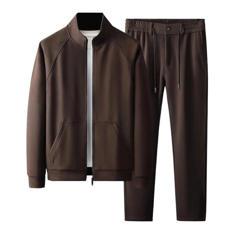 Men's slim fit stand collar casual sports suit set in a choice of colours, featuring a coat and matching trousers.