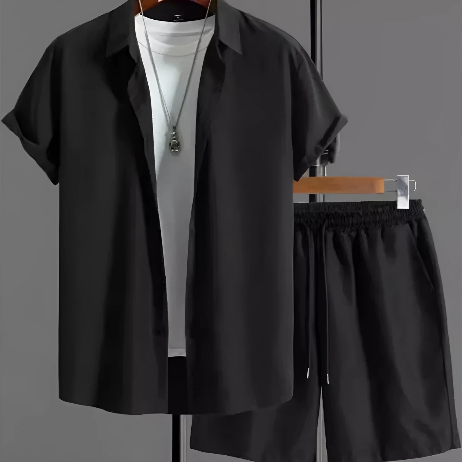 Mens black and white jacquard short sleeve suit set with shorts