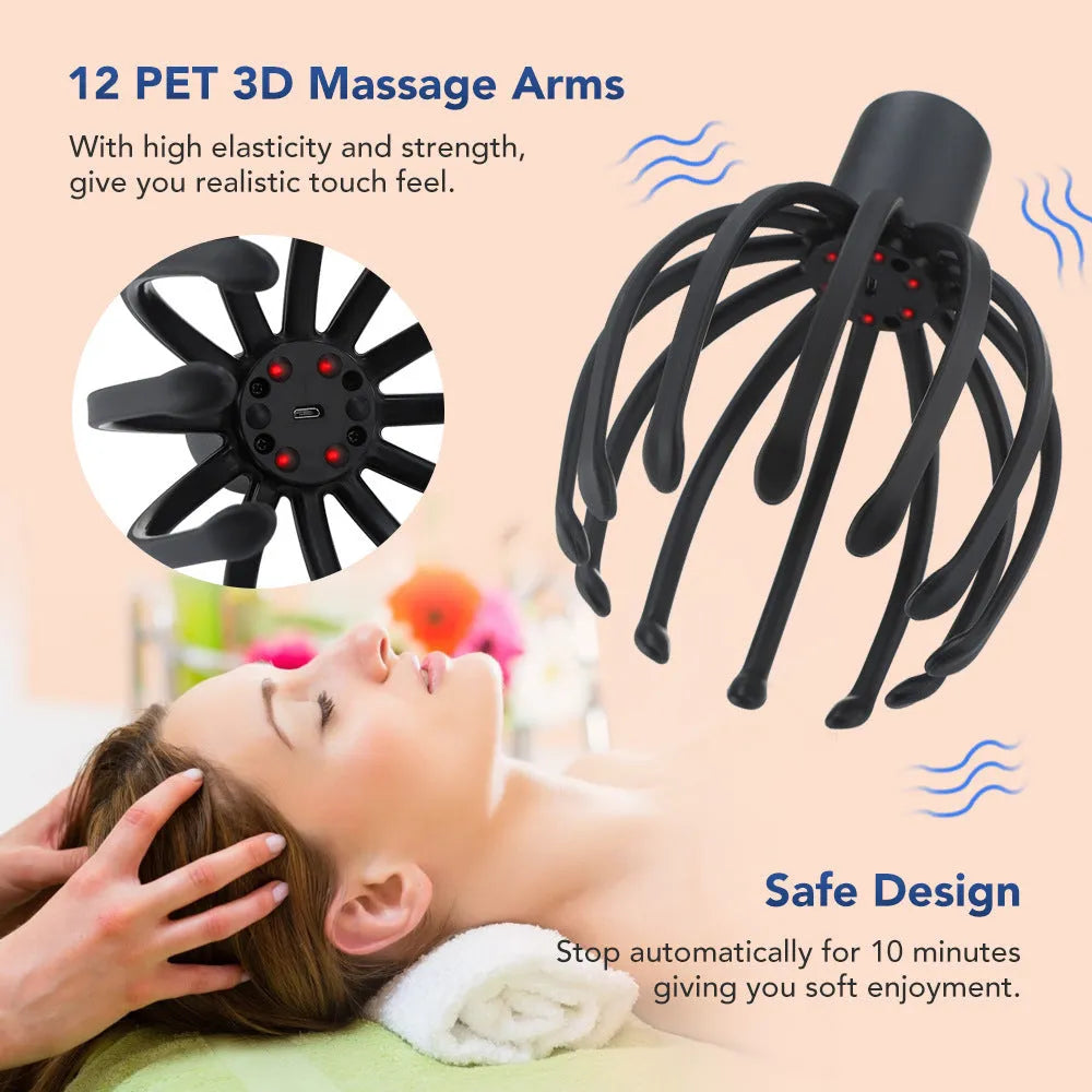 Octopus electric head massage tingler with multi-claw TPE attachment in black rechargeable variant