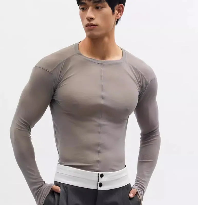 Black slim-fit women's mesh pullover with long sleeves and a see-through texture.