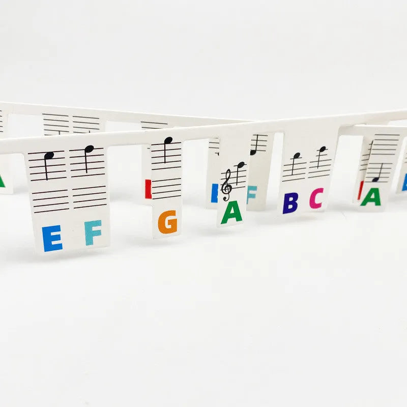 Set of white card piano keyboard stickers for 88 key instruments showing note names and staff notation