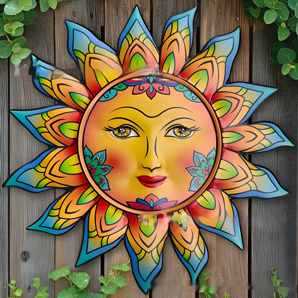 Iron sun face wall hanging decorative craft in metal with detailed facial features