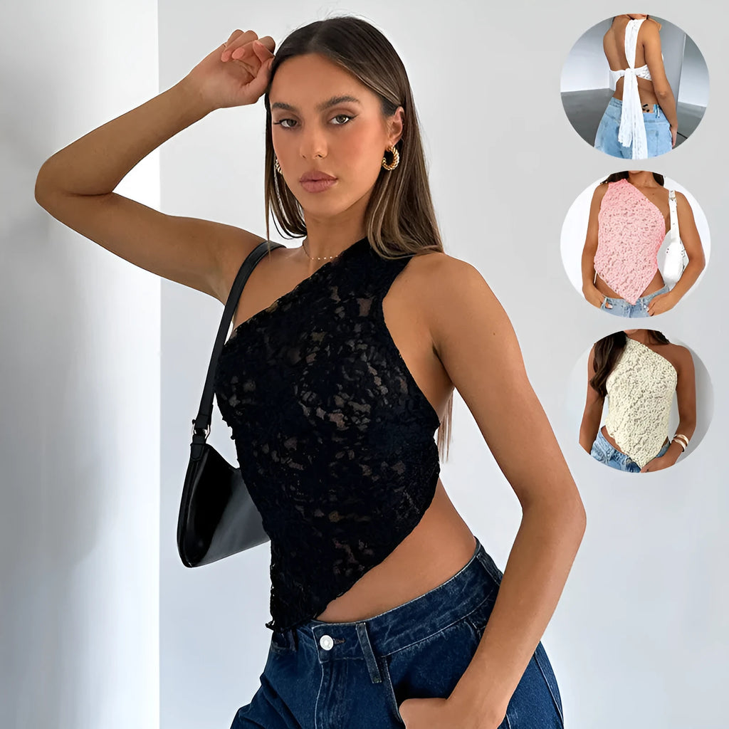 Women's apricot backless sleeveless top with lace trim and asymmetrical sloped neckline.