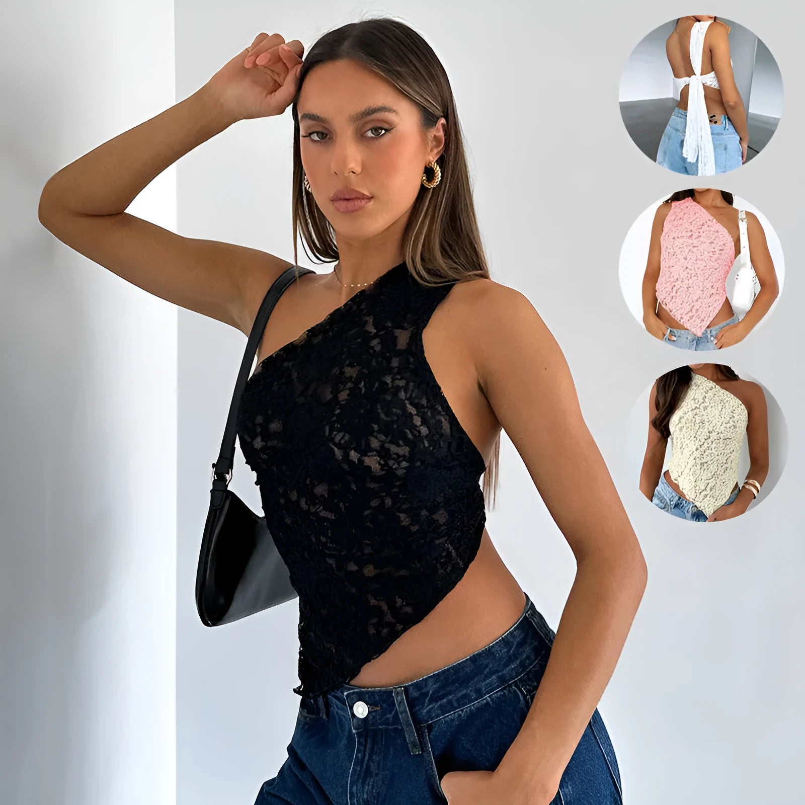 Women's apricot backless sleeveless top with lace trim and asymmetrical sloped neckline.