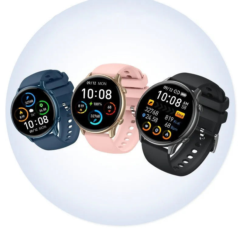 Smart sports watch with round full touch screen, silicone strap, heart rate and sleep monitoring, IP68 waterproof, in Black