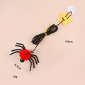 Hanging door cat toy with feather stick, bell, and spider attachment on elastic rope