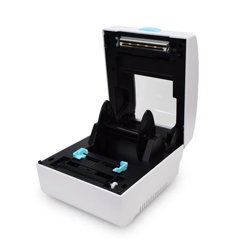 White Bluetooth thermal label printer with USB port, compact 200mm width design