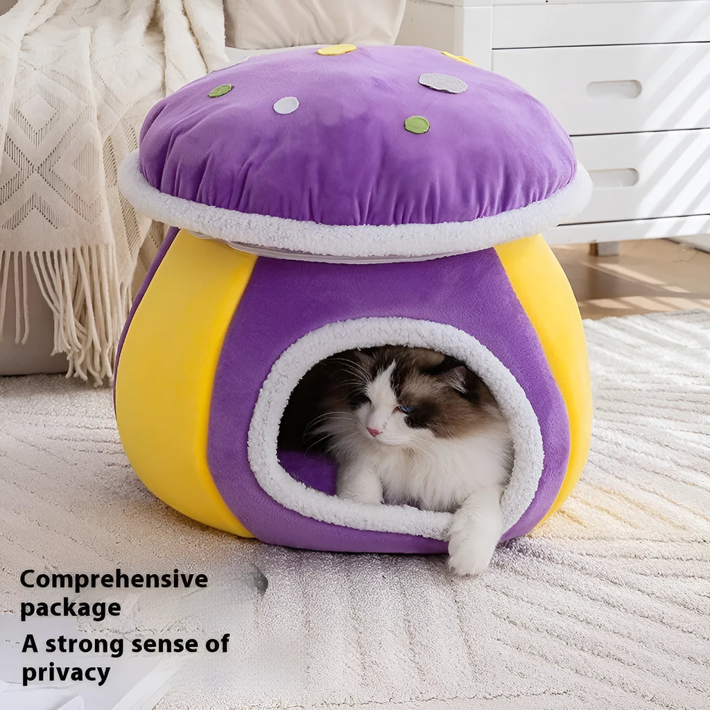 Grey mushroom-shaped plush cat bed with raised sides, showing a cosy nest for a cat.