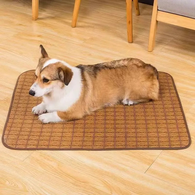 Brown rattan fibre cooling mat for dogs, summer pet bed, available in multiple sizes