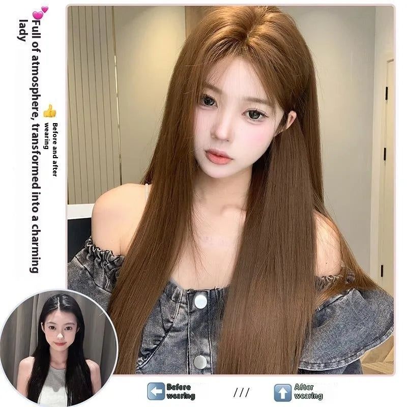 Warm brown lace wig with centre-parted bangs and long straight high-temperature fibre hair on a stand