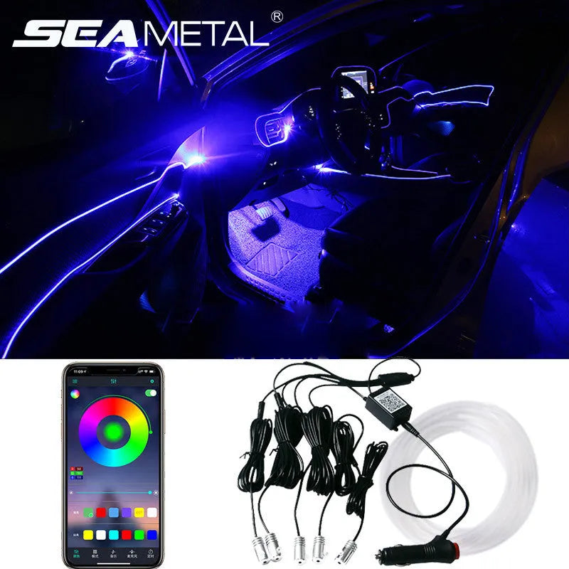 Car fibre optic ambient light kit with RGB colours, music sync, and app control installed on a car door panel