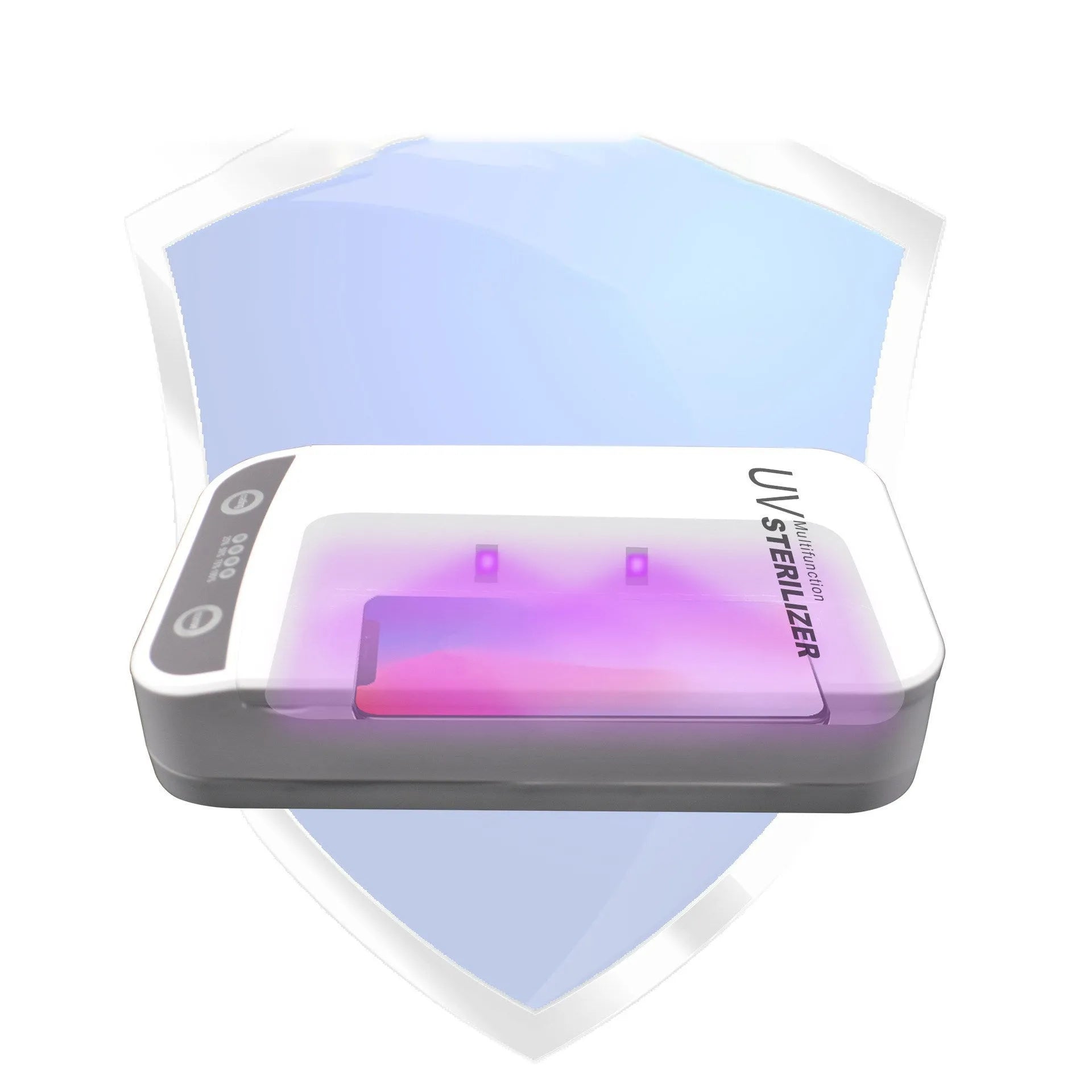 White UV disinfection box with internal compartment for mobile phones up to 6.5 inches