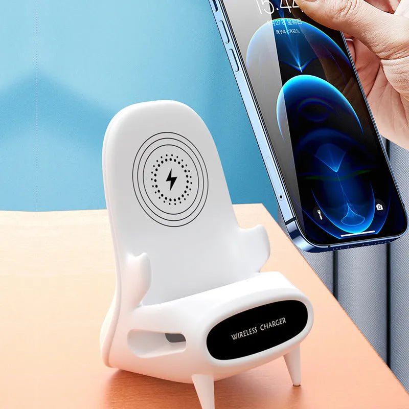 White portable mini chair wireless charger stand with Type-C input and Qi fast charge capability on a desk