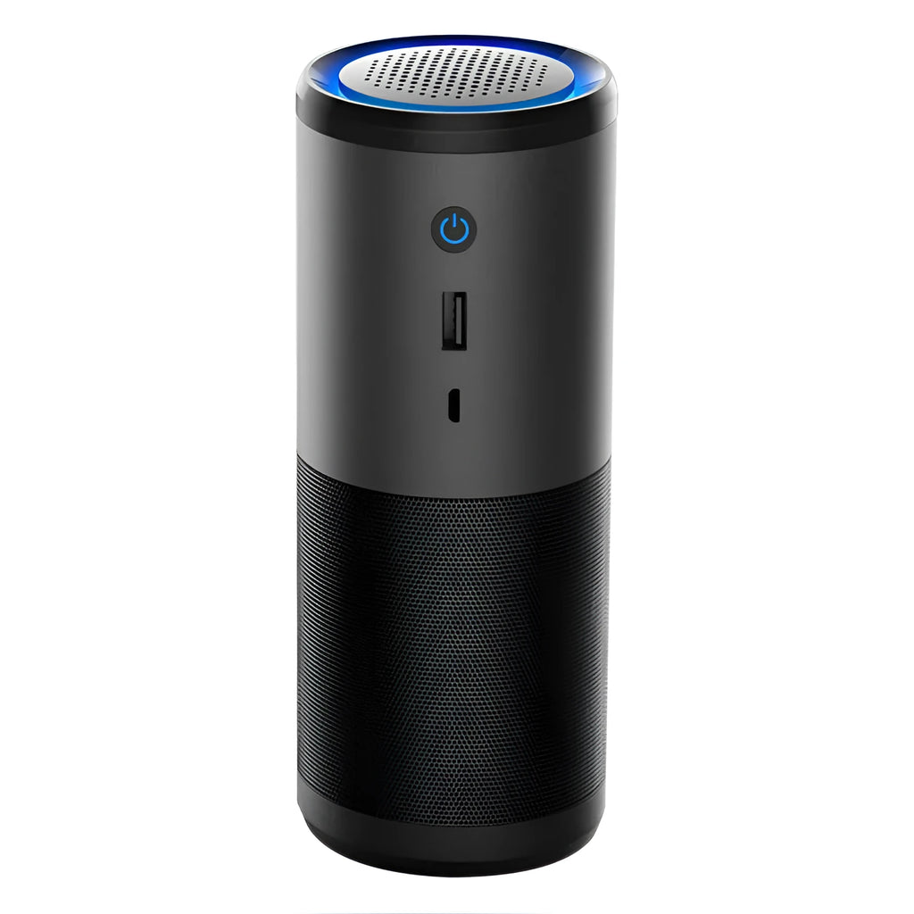 Black portable mini car air purifier with USB cable and smart sensor display