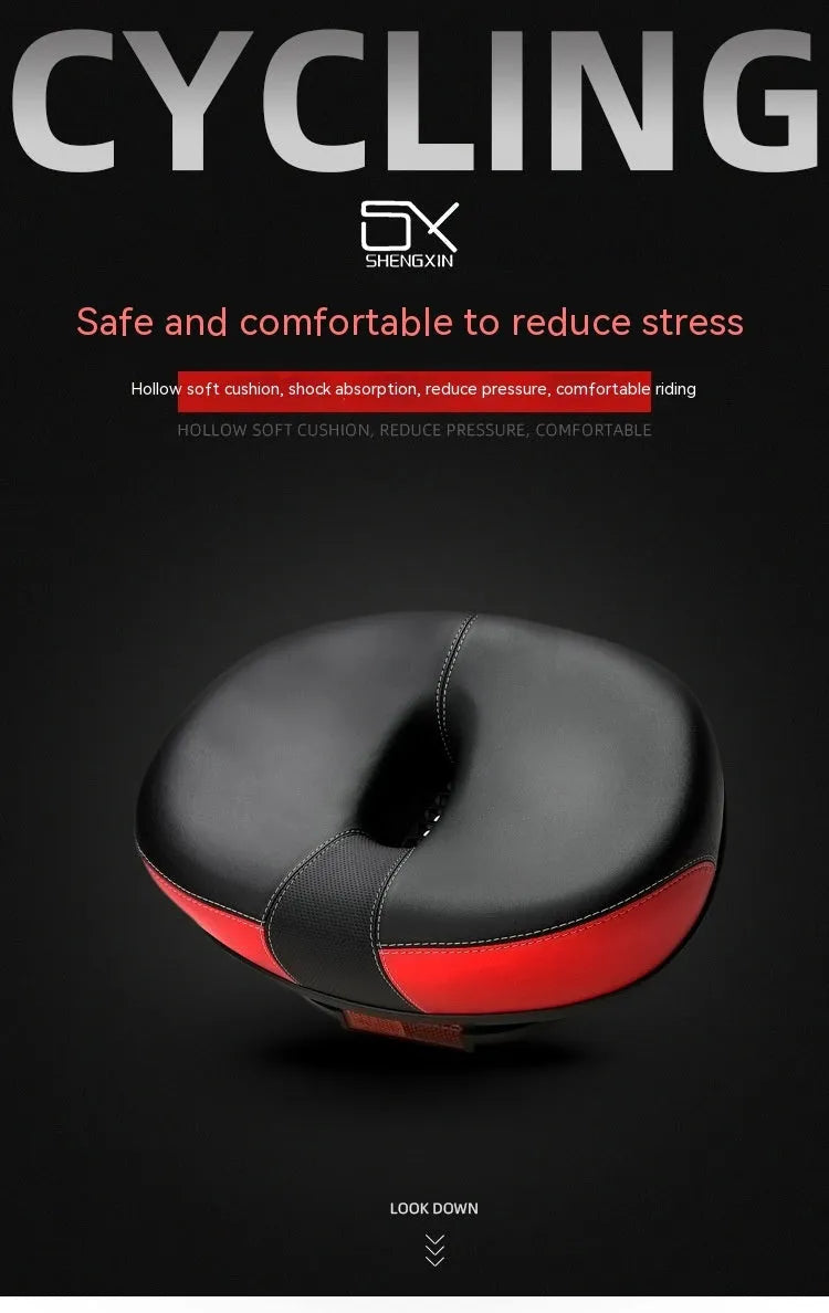 Thickened plus size bicycle saddle with PU pattern, reflective stickers, and steel frame
