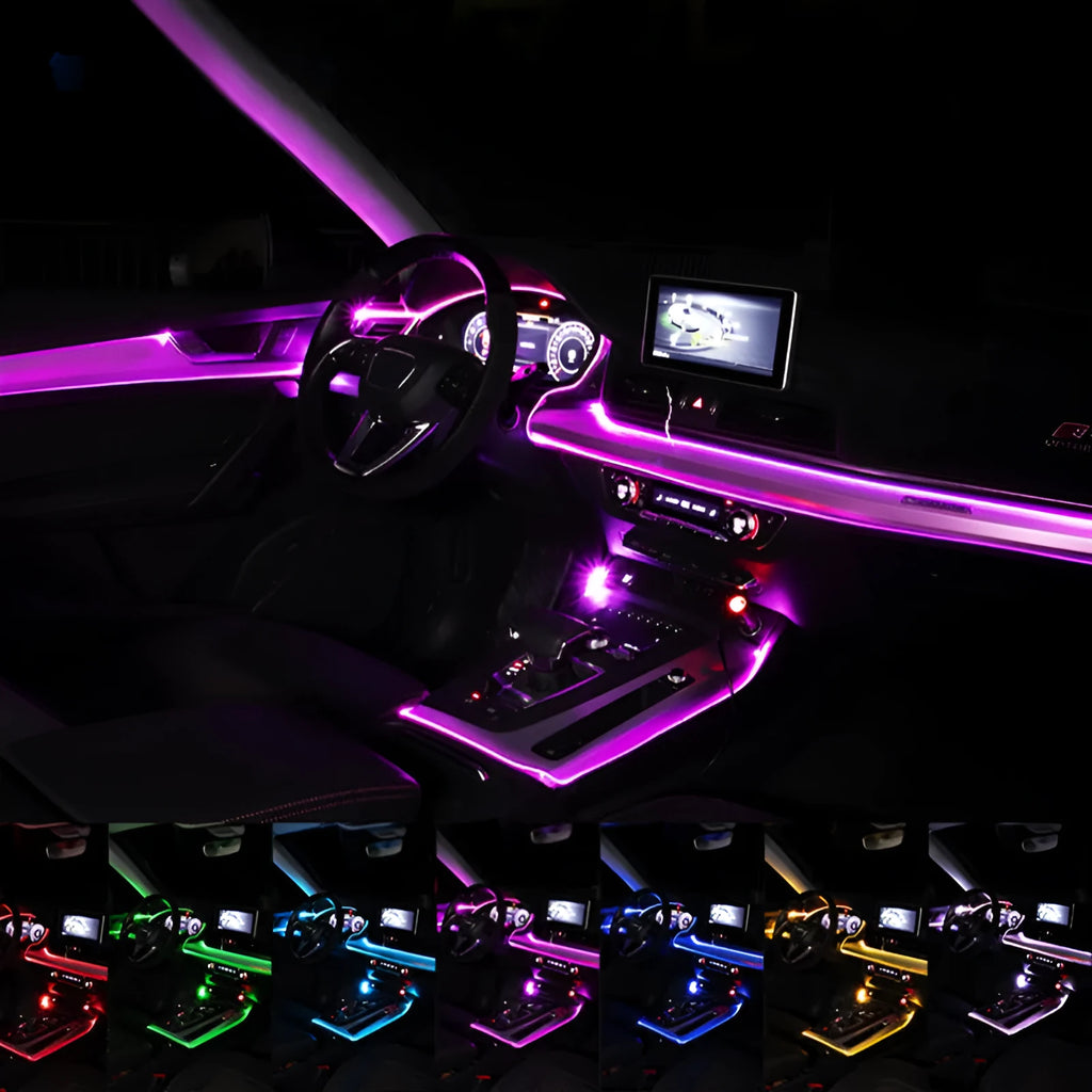 Car fibre optic ambient light kit with RGB colours, music sync, and app control installed on a car door panel