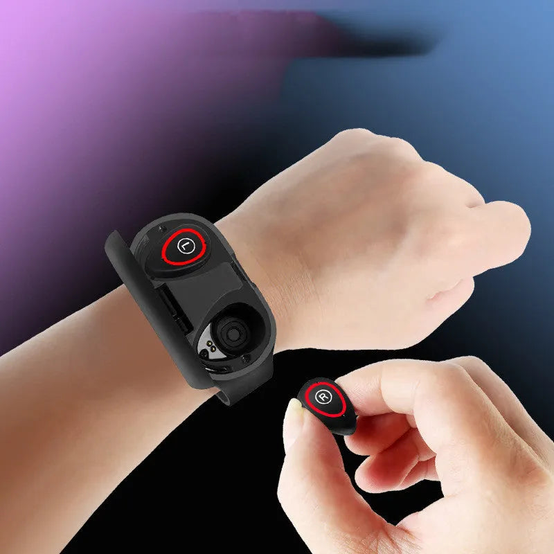 Smart bracelet and earphone combo device with silicone wristband in blue colour showing 1-inch touch screen