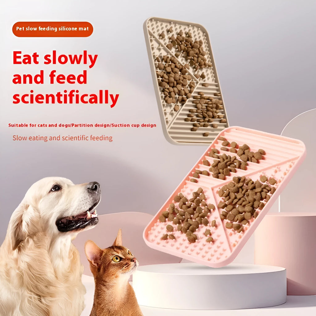Silicone pet licking mat in khaki with suction cups on a tile floor for slow feeding