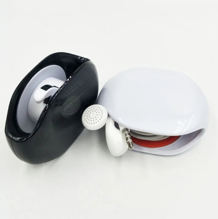Automatic earphone cable winder retractor in multiple colours showing compact size