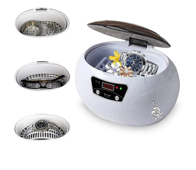 White blue ultrasonic cleaning machine for home use, 20.6cm x 15.2cm x 13.2cm, with digital control panel on a kitchen counter