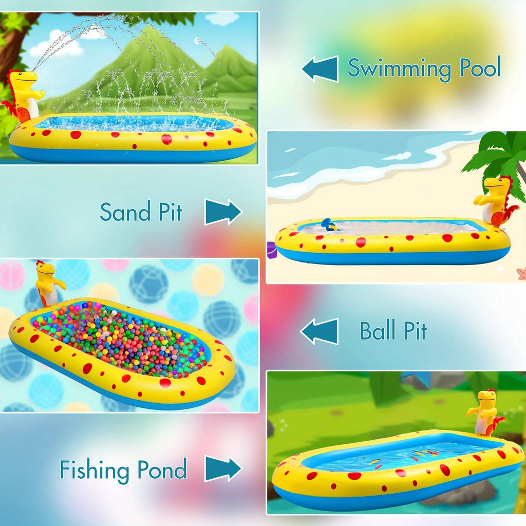 Blue dinosaur water spray pool for kids outdoor water play measuring 170cm