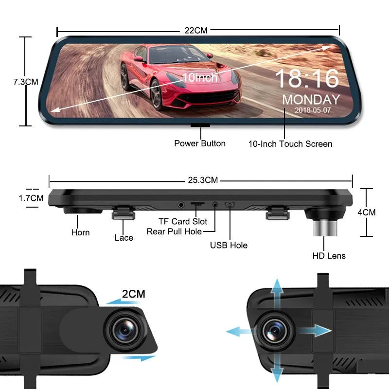 10-inch full screen dash cam with front and rear dual lens recording in 1080p, touch operation, and parking surveillance features.