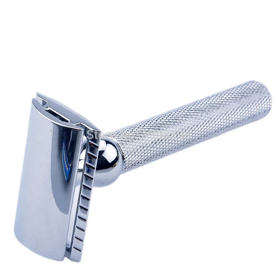 CSB men's shaving set with badger hair brush, chrome safety razor, stand, zinc alloy bowl, and blades in black box.