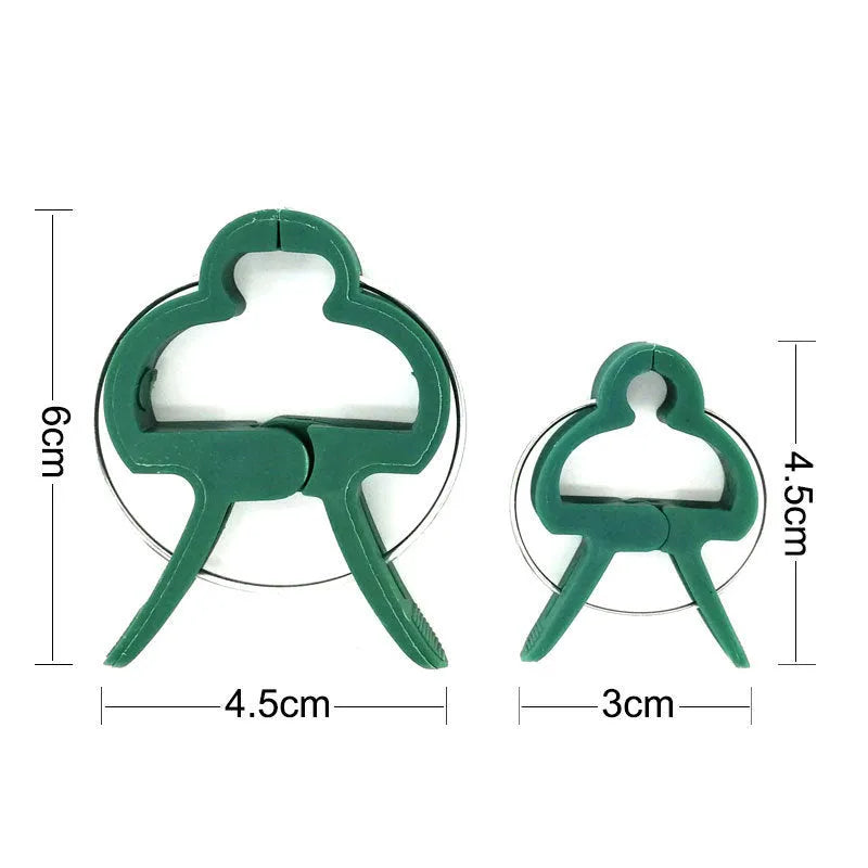 Green plastic plant fixing clips for climbing plants including tomatoes and beans